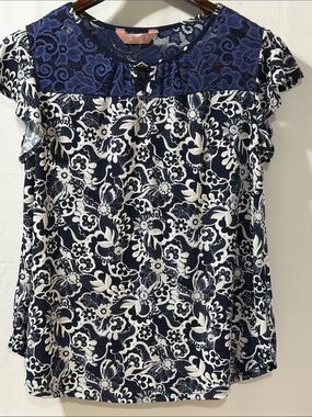 SJS Navy and White Floral Lace Yoke Blouse